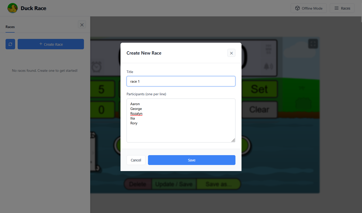 Create race from sidebar